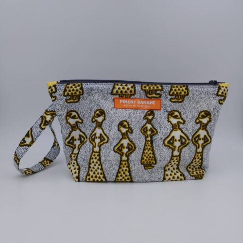 Pochette wax motif femmes, gris et jaune