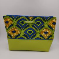 Pochette simili cuir et wax vert, bleu et ocre