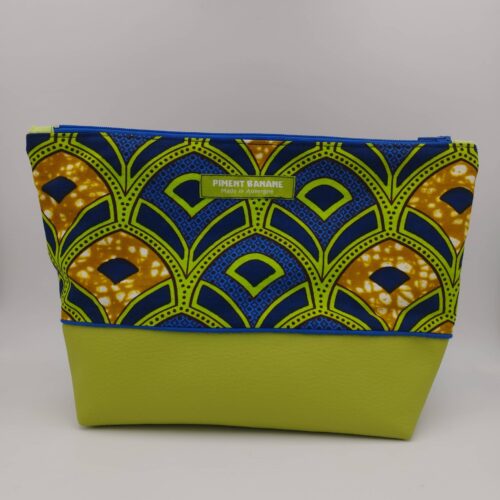 Pochette simili cuir et wax vert, bleu et ocre