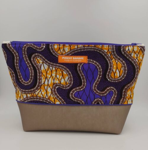 Pochette simili cuir et wax bronze, violet et orange